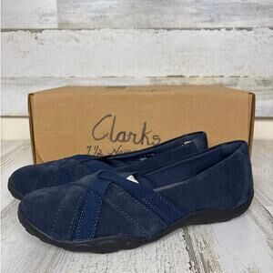 Clarks womens 7.5 navy blue jay suede leather flat loafer shoe slip on casual